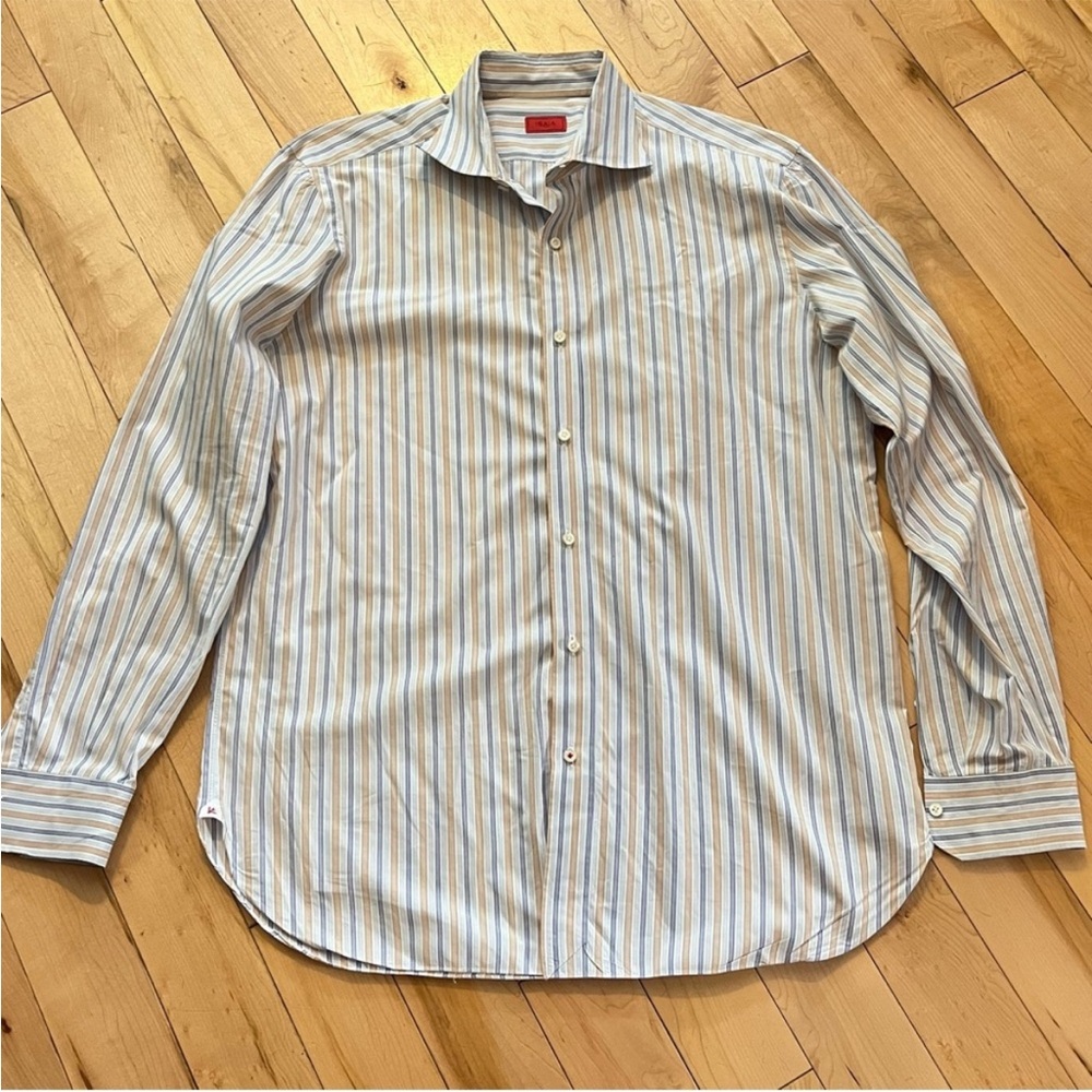 Isaia Napoli Striped Button-Down Shirt 16.5 42 navy, tan, white, blue cotton